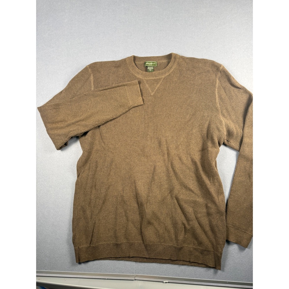 Eddie Bauer Mens XL Tall Brown Ribbed Knit Cotton Crewneck Sweater Pullover - Picture 2 of 5